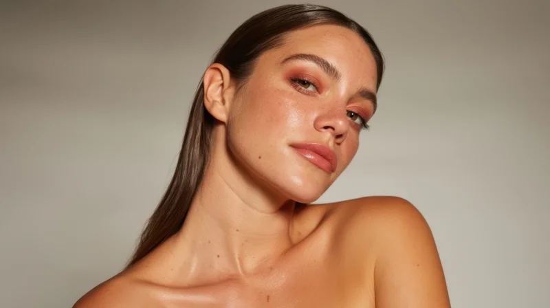 Woman with glowing skin and natural makeup in studio portrait