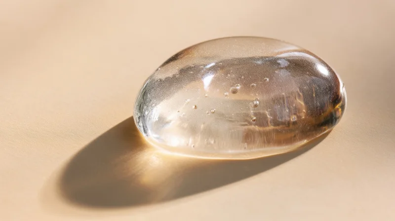 Transparent gel droplet resting on a beige surface under soft lighting