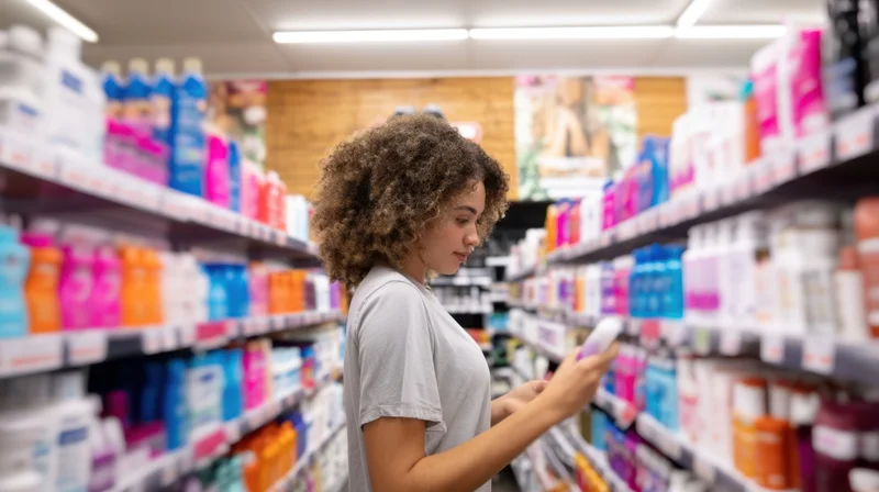 Woman browsing haircare products on smartphone in store aisle