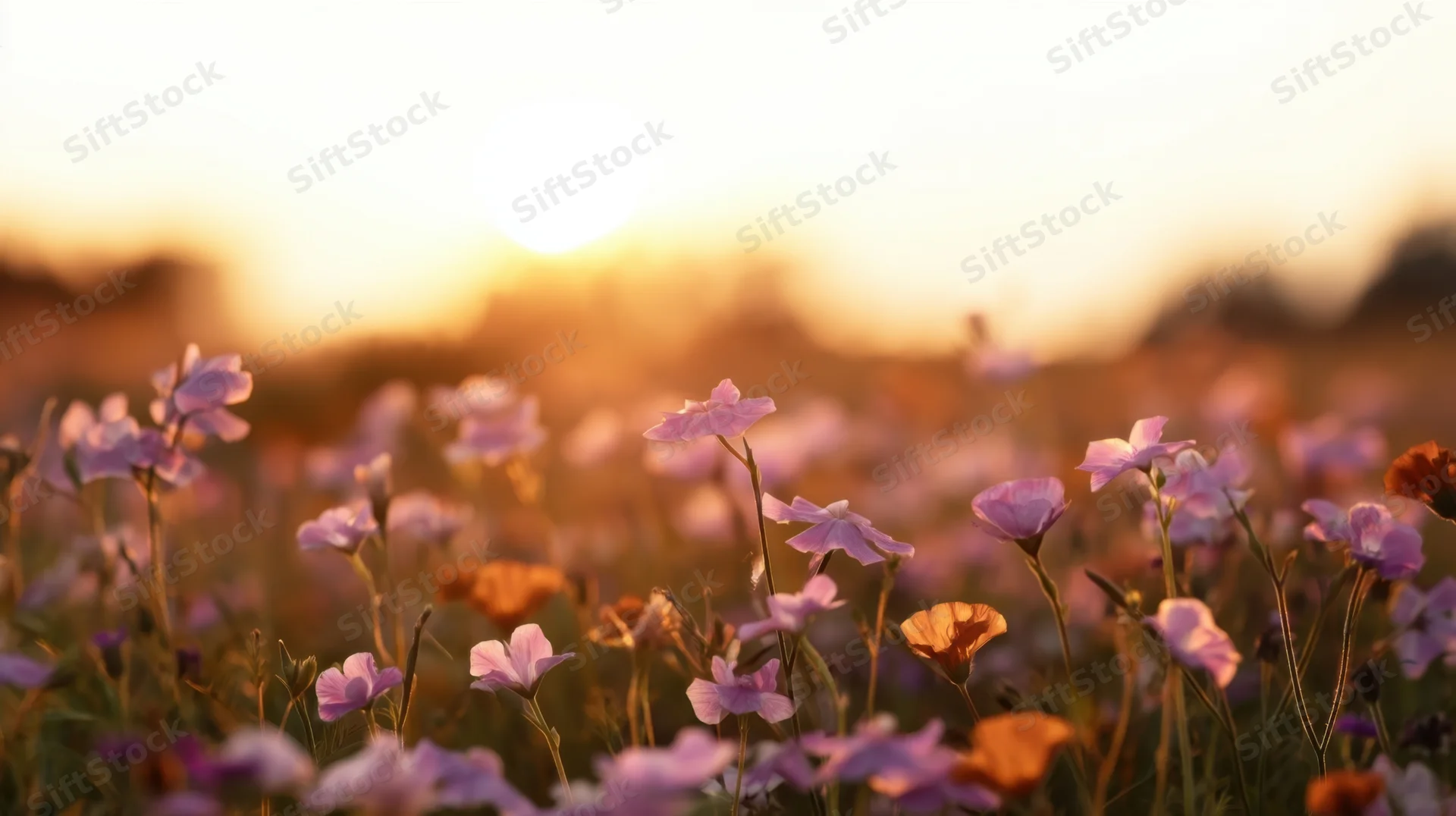 Purple and orange wildflowers blooming in a field at sunset