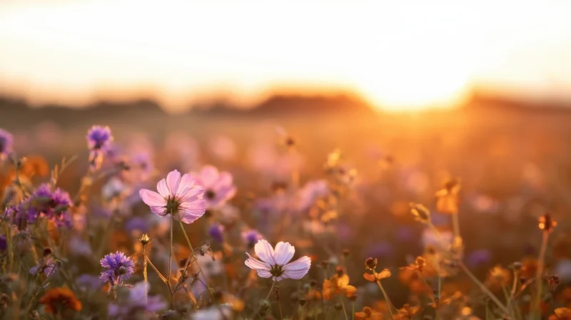 Cosmos wildflowers blooming in a field at sunset with soft golden light and blurred background