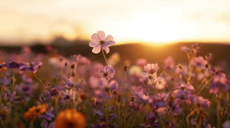 Cosmos flowers blooming in a field at sunset