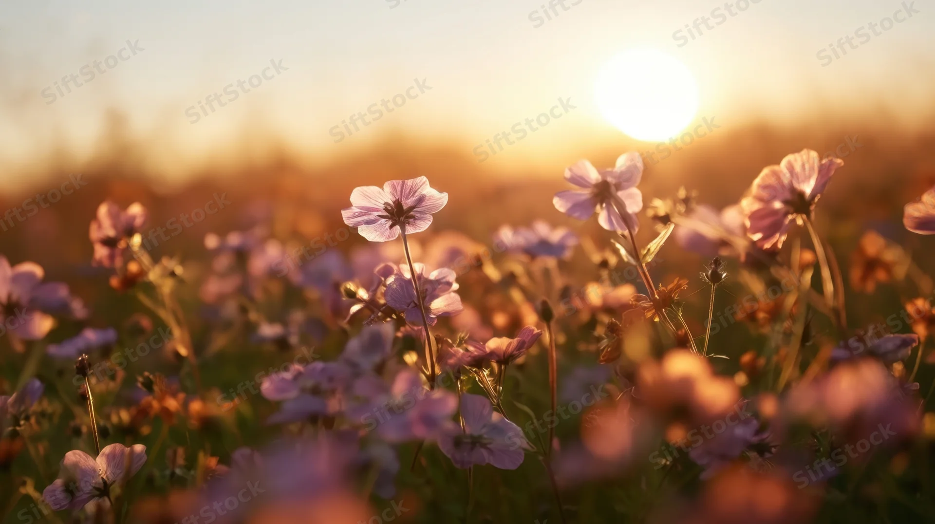 Purple wildflowers blooming in a field at sunset