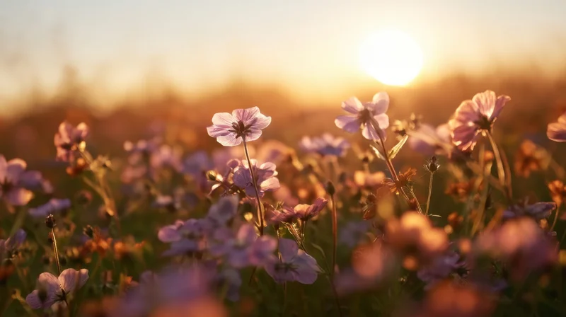 Purple wildflowers blooming in a field at sunset