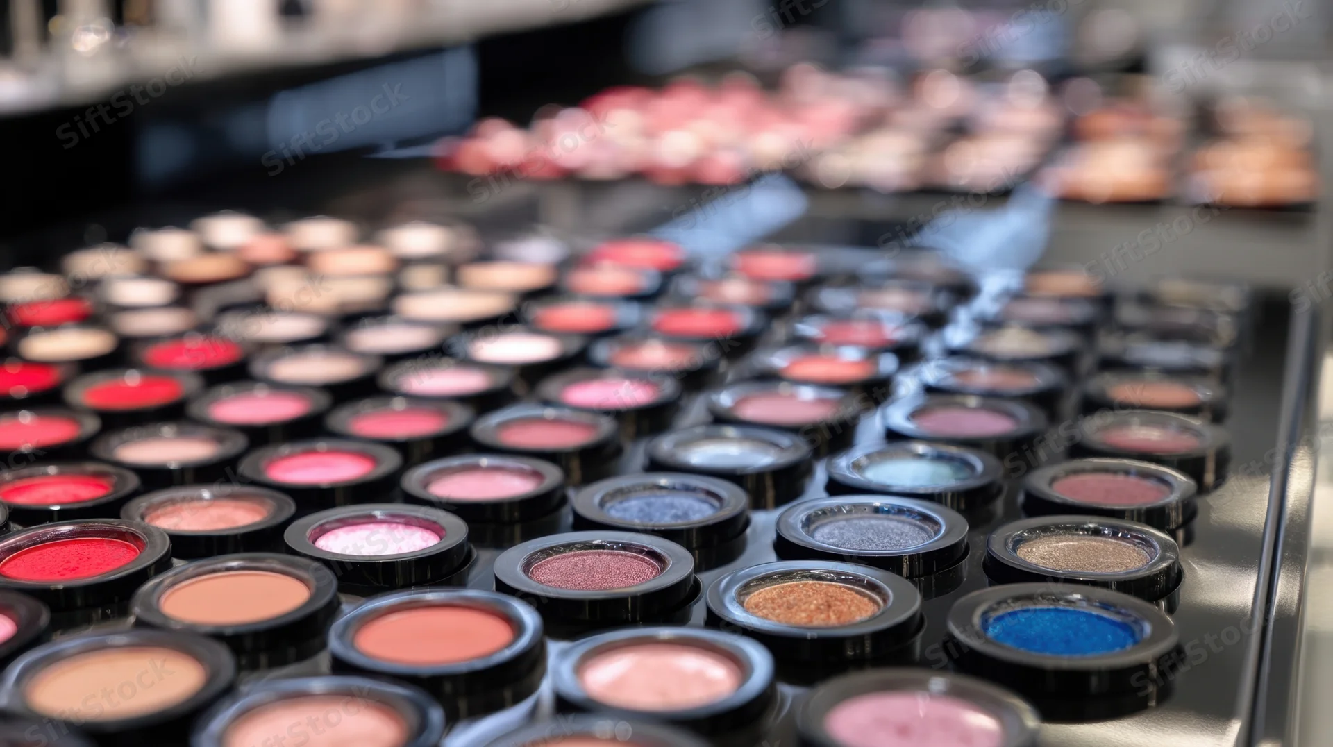 Rows of colorful eyeshadow compacts arranged on a display shelf in a cosmetics store