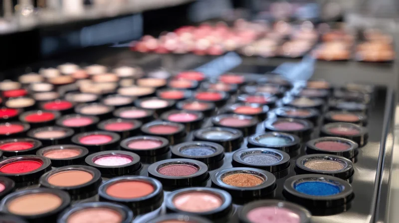 Rows of colorful eyeshadow compacts arranged on a display shelf in a cosmetics store