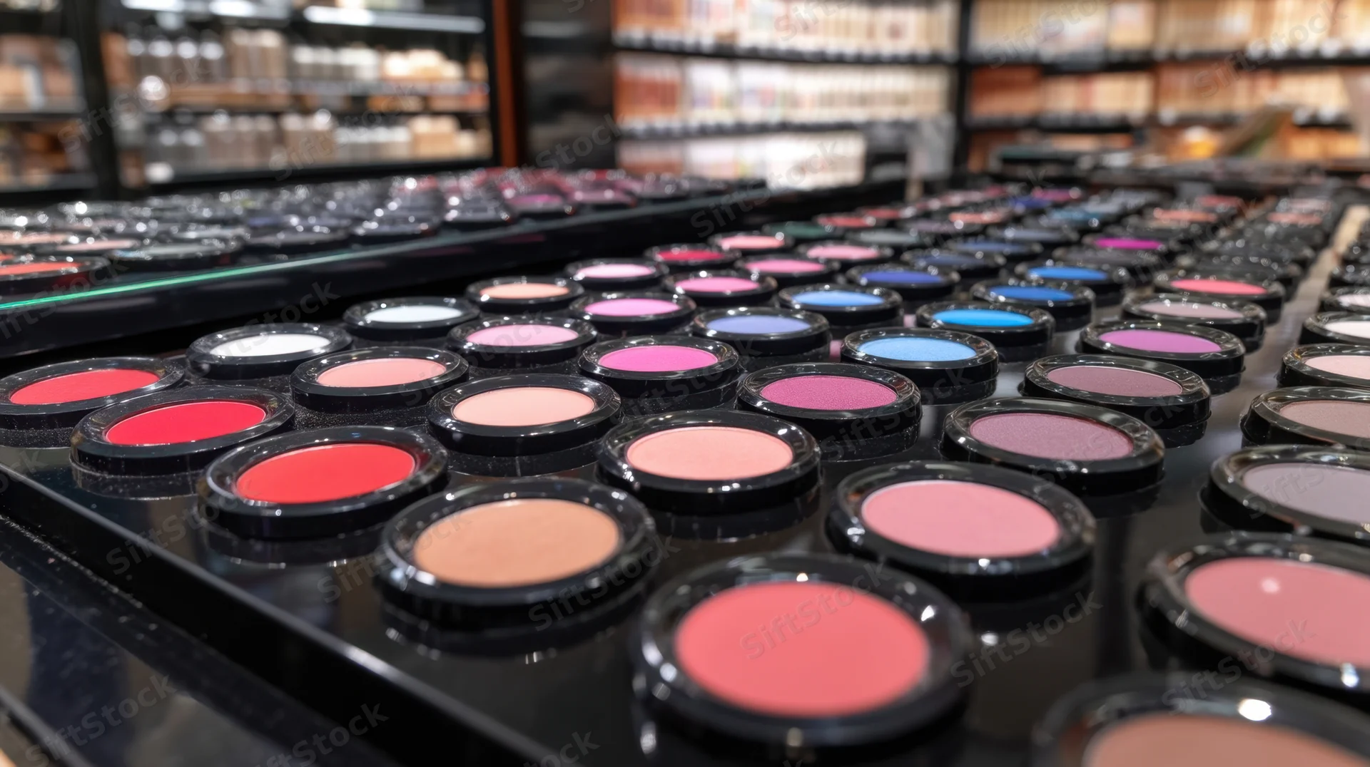 Rows of colorful eyeshadow compacts arranged on a black display tray in a cosmetics store