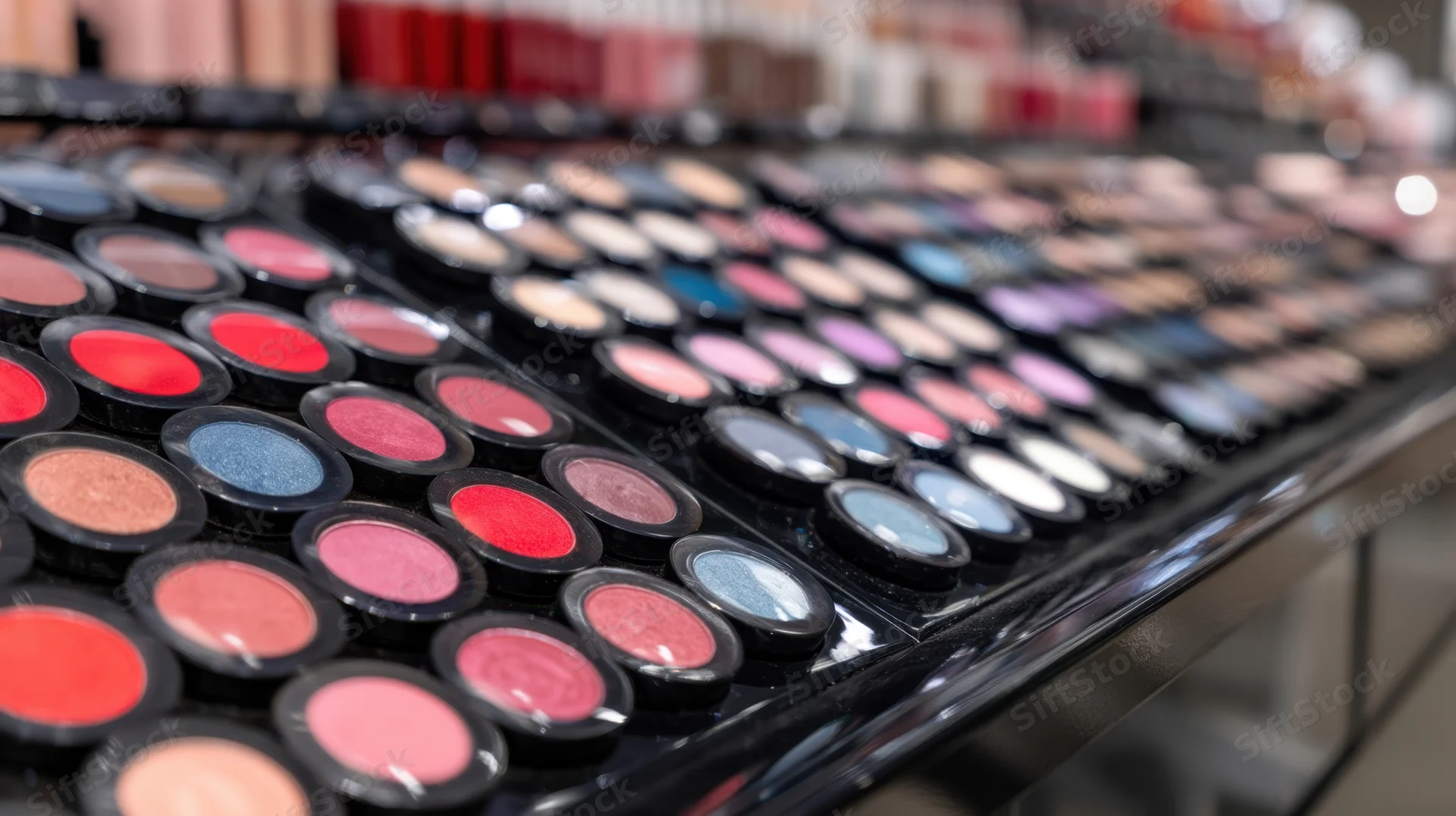 Rows of colorful eyeshadow palettes arranged on a black display shelf in a cosmetics store