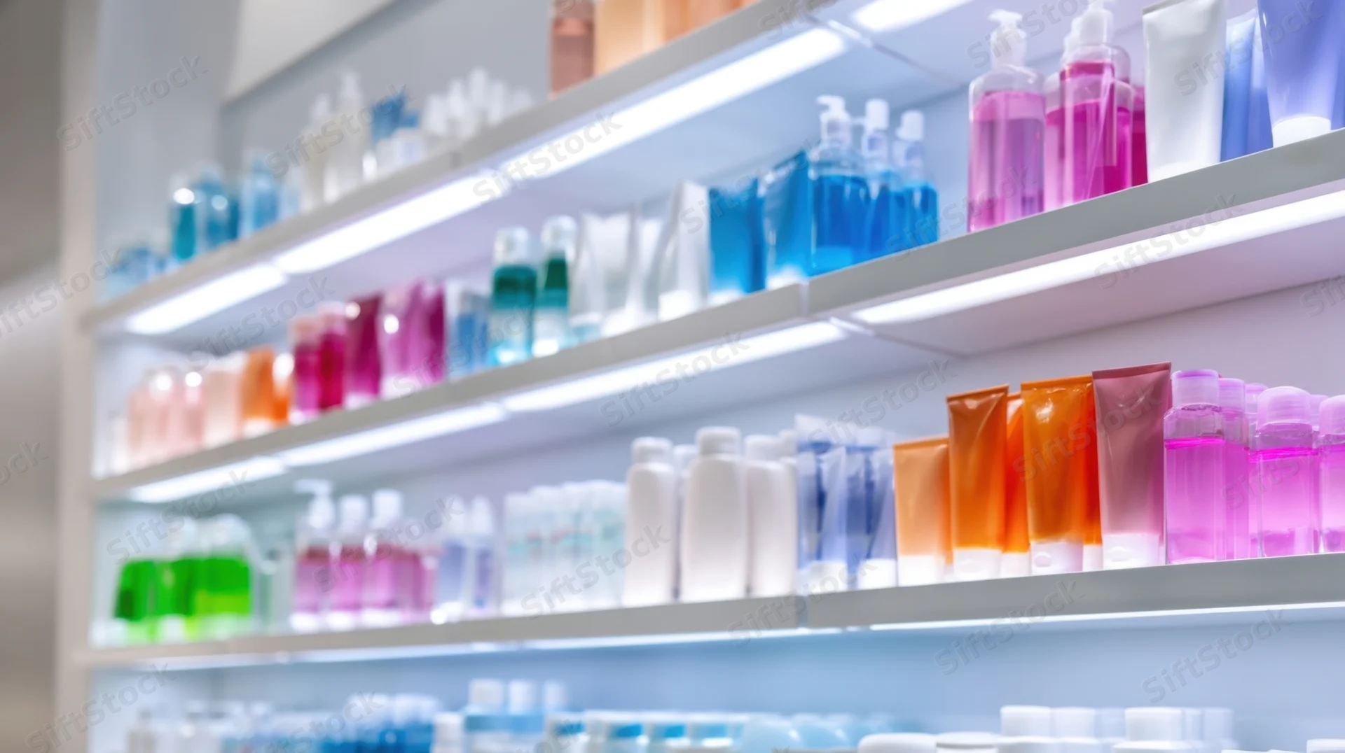 Shelves stocked with colorful skincare and cosmetic bottles and tubes in a modern retail store