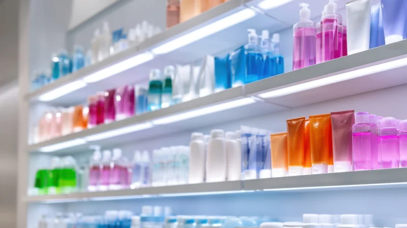 Shelves stocked with colorful skincare and cosmetic bottles and tubes in a modern retail store