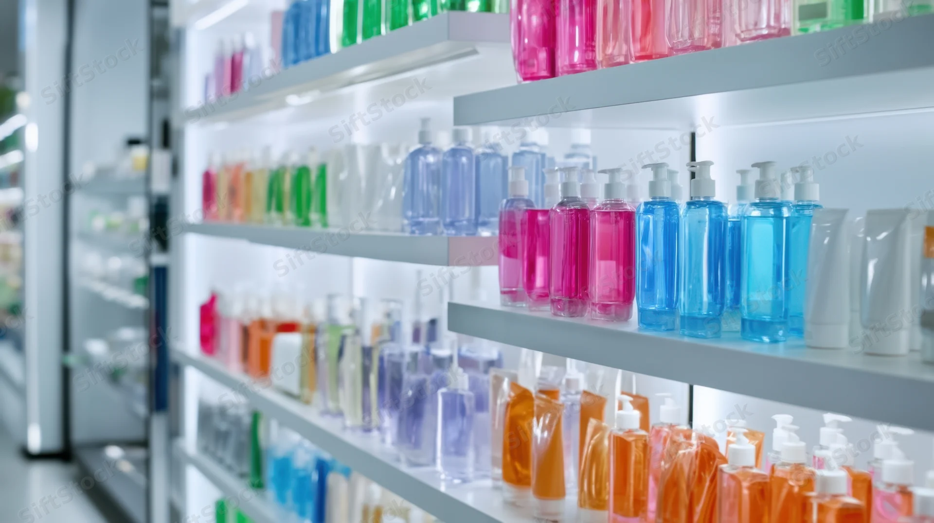 Colorful bottles of hand soap and sanitizer arranged on shelves in a retail store