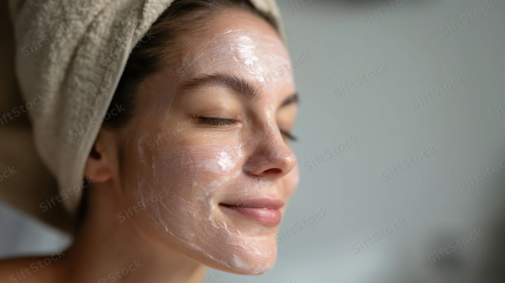 Woman with towel on head applying cream to face in bathroom