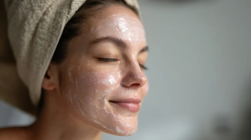 Woman with towel on head applying cream to face in bathroom