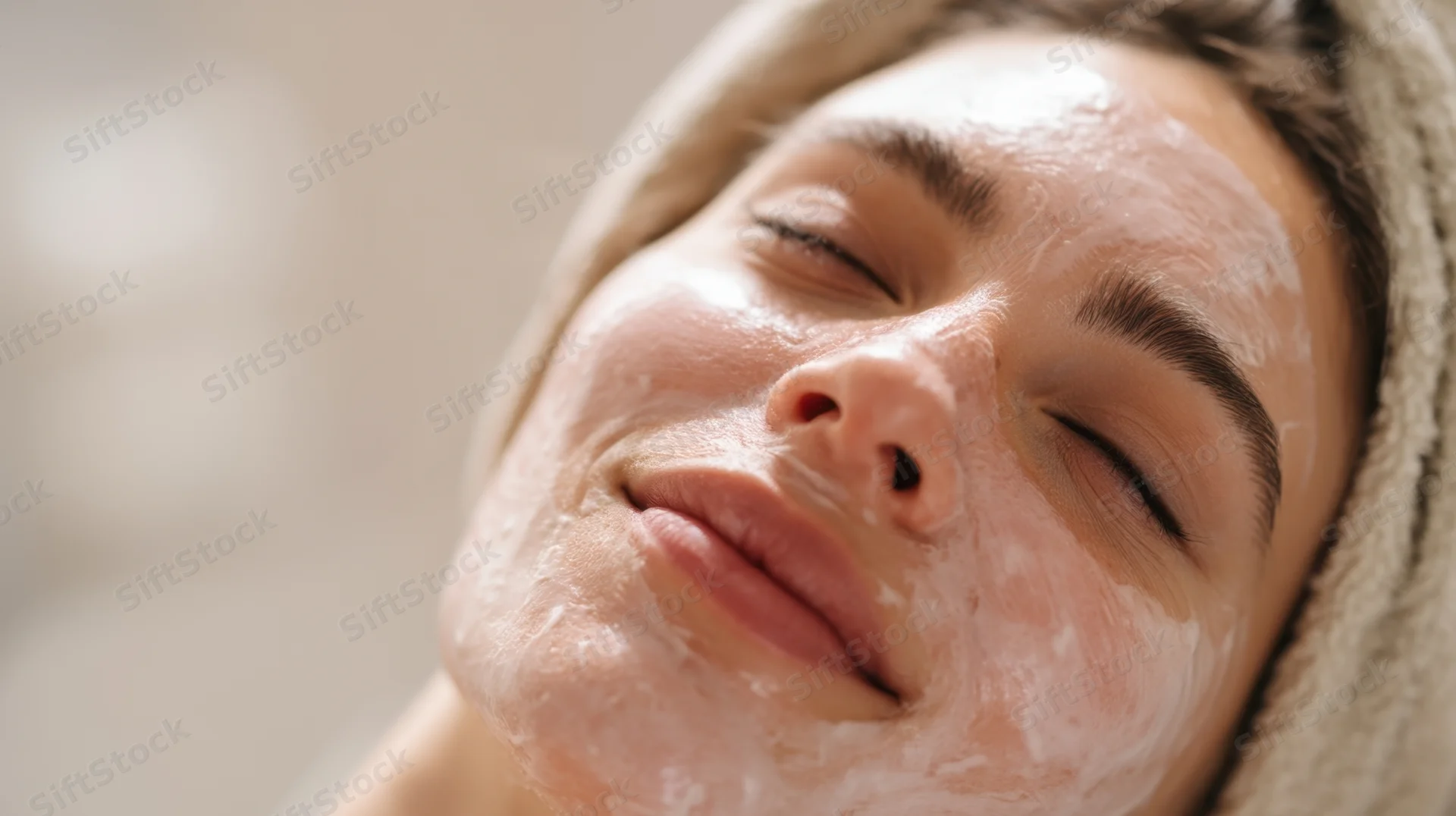 Woman with closed eyes and foamy cleanser on face wrapped in towel