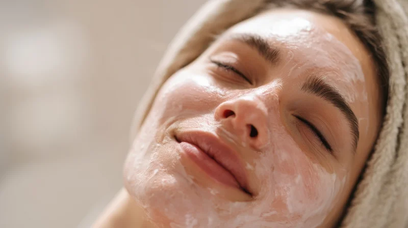 Woman with closed eyes and foamy cleanser on face wrapped in towel