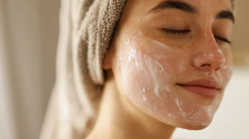 Woman with closed eyes applying cream to her face, towel wrapped around her head