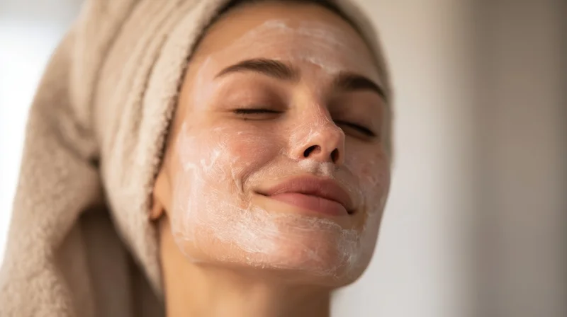 Woman with facial cream on her face, towel on head, smiling with eyes closed