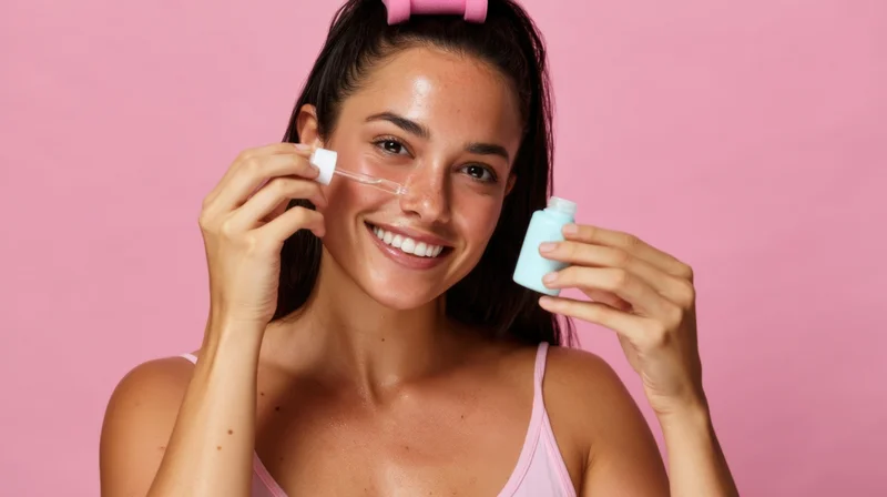 Woman applying facial serum with dropper bottle against pink background
