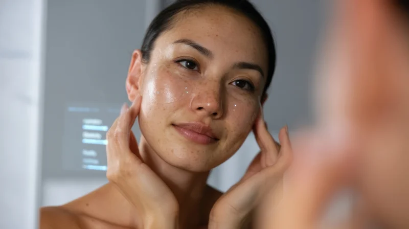 Woman applying moisturizer to her face while looking in a smart mirror with digital display