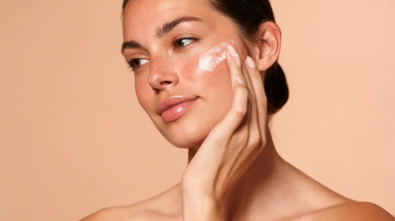 Woman applying cream to her face against a beige background