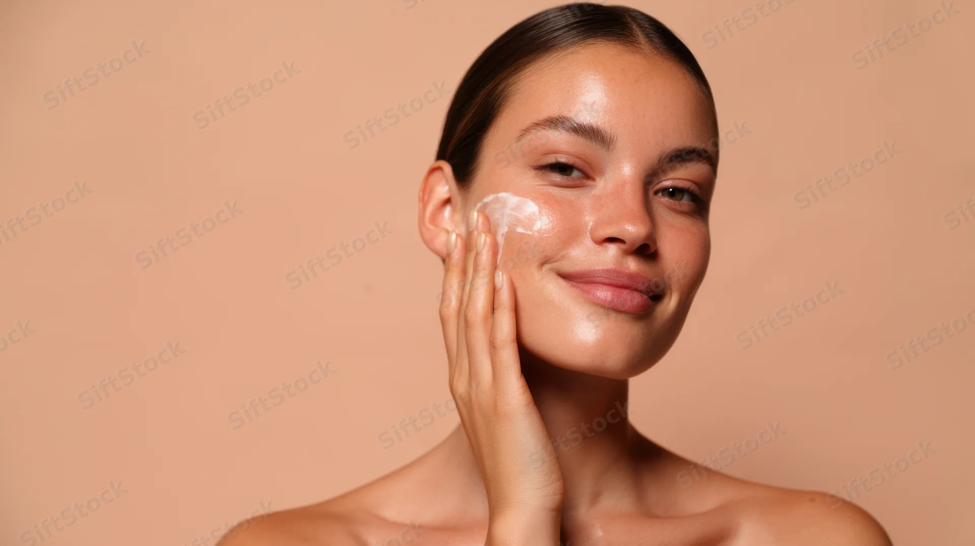 Woman applying cream to her face against a beige background