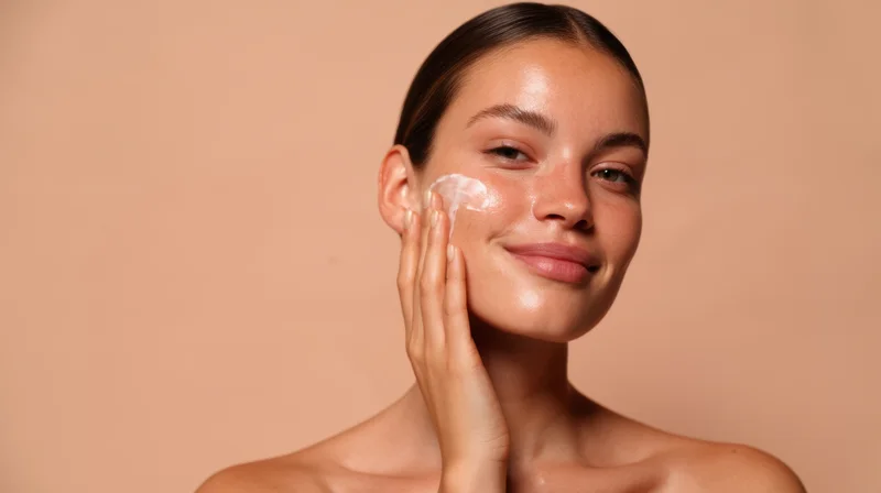 Woman applying cream to her face against a beige background