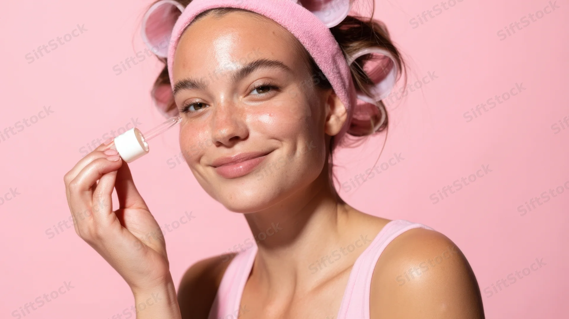 Woman applying facial serum with dropper while smiling, wearing pink headband and hair rollers against pink background