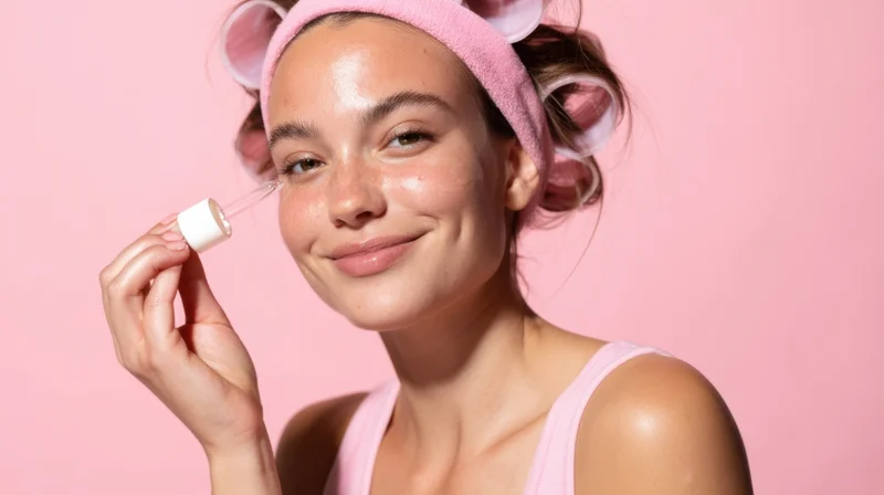 Woman applying facial serum with dropper while smiling, wearing pink headband and hair rollers against pink background
