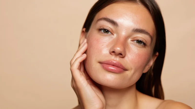 Young woman touching her cheek with hand, close-up portrait against beige background