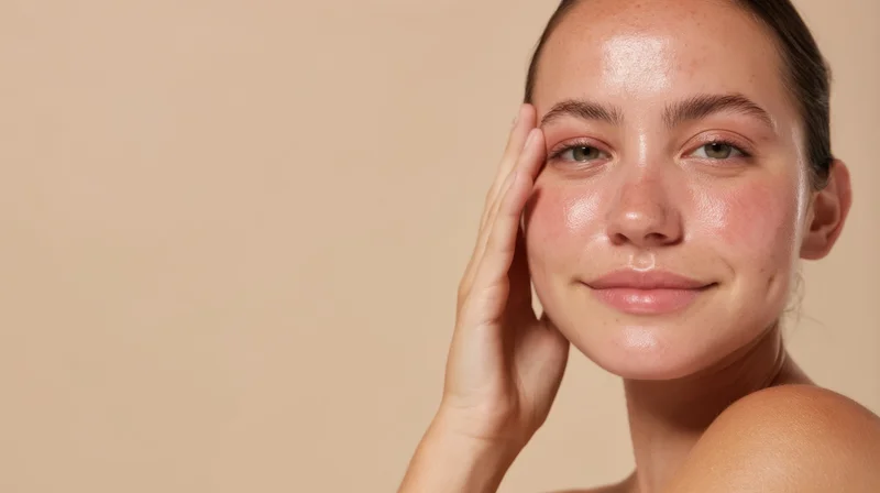 Woman touching her face with hand, showing clear glowing skin against beige background