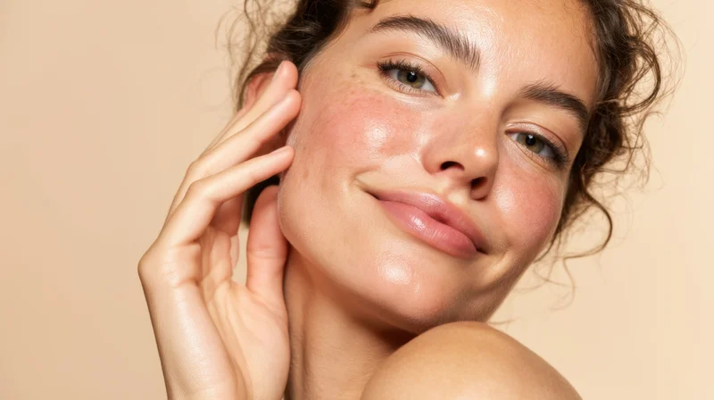 Woman smiling with hand on cheek, showcasing glowing natural skin in studio setting