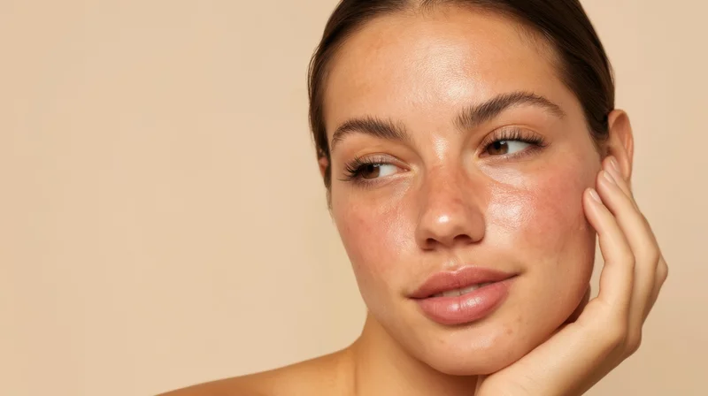 Woman touching her face with hand, showing natural skin texture against beige background