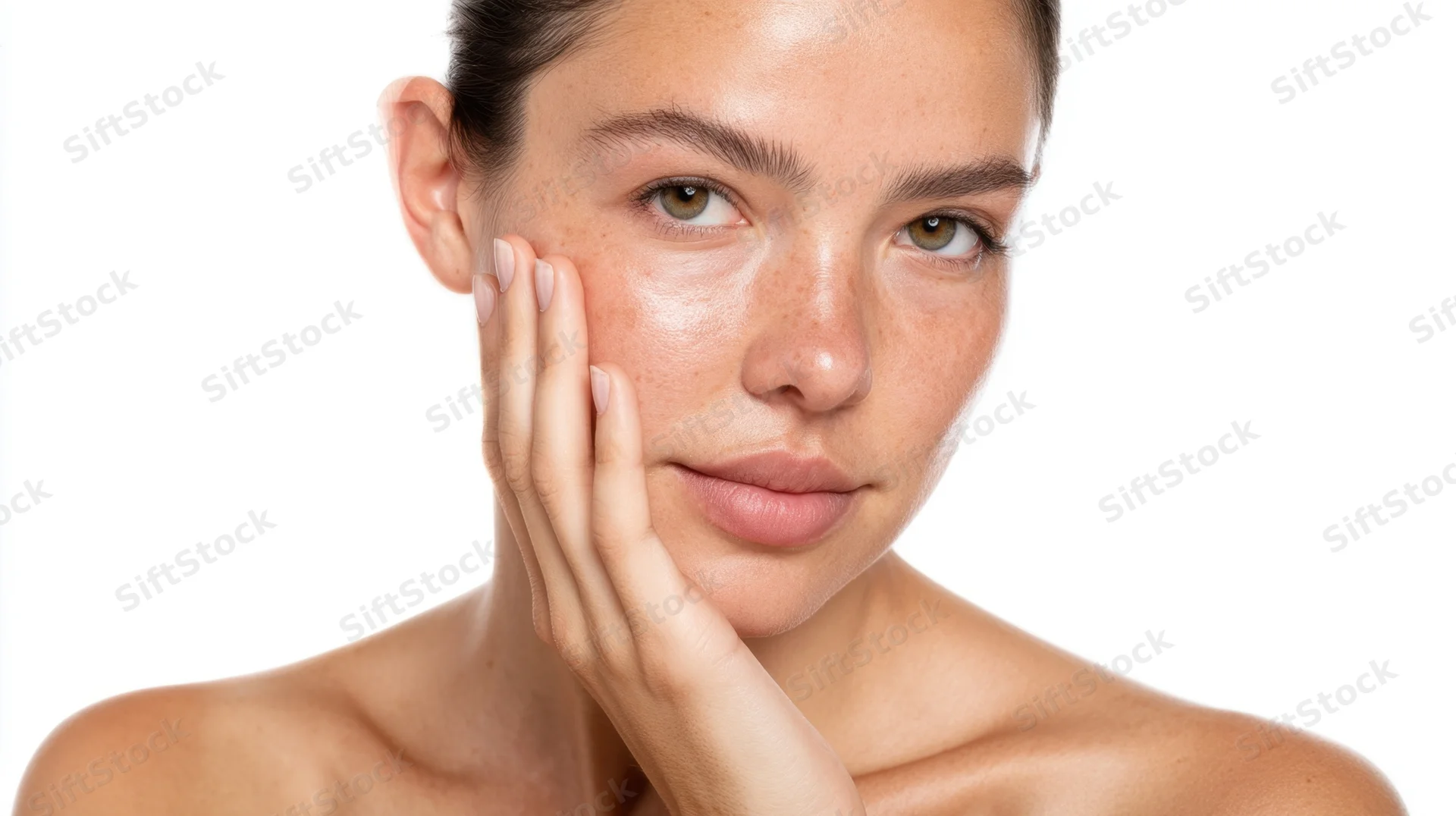 Woman touching her face with hand, close-up portrait on white background