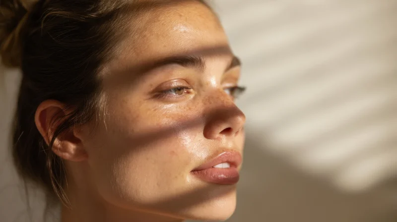 Closeup profile of a woman with freckles and natural skin glow in soft sunlight indoors