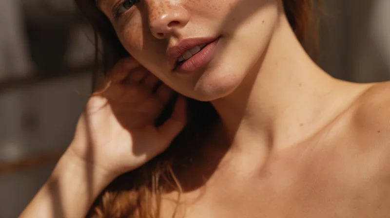 Closeup of a woman’s face and neck with freckles in sunlight, hand touching hair