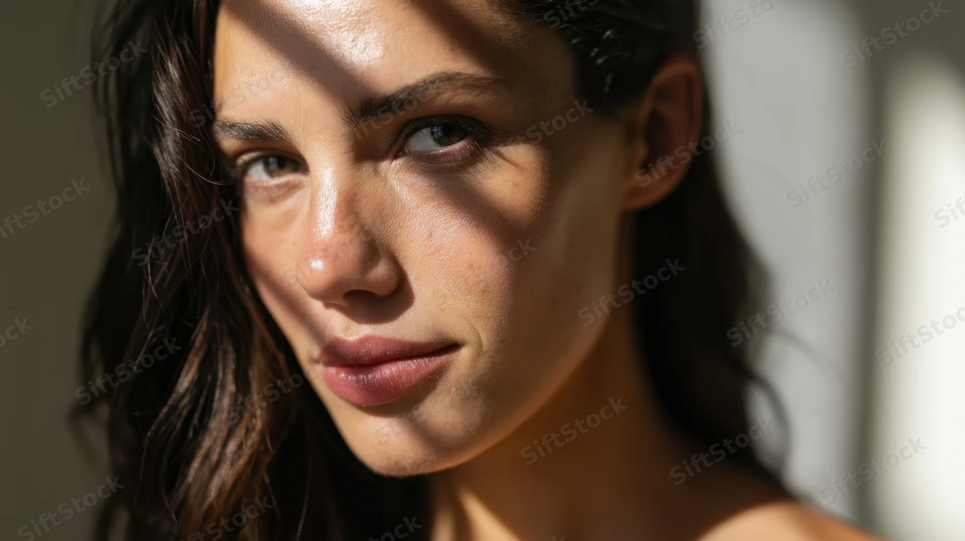 Closeup portrait of a woman with soft natural light and shadows on her face