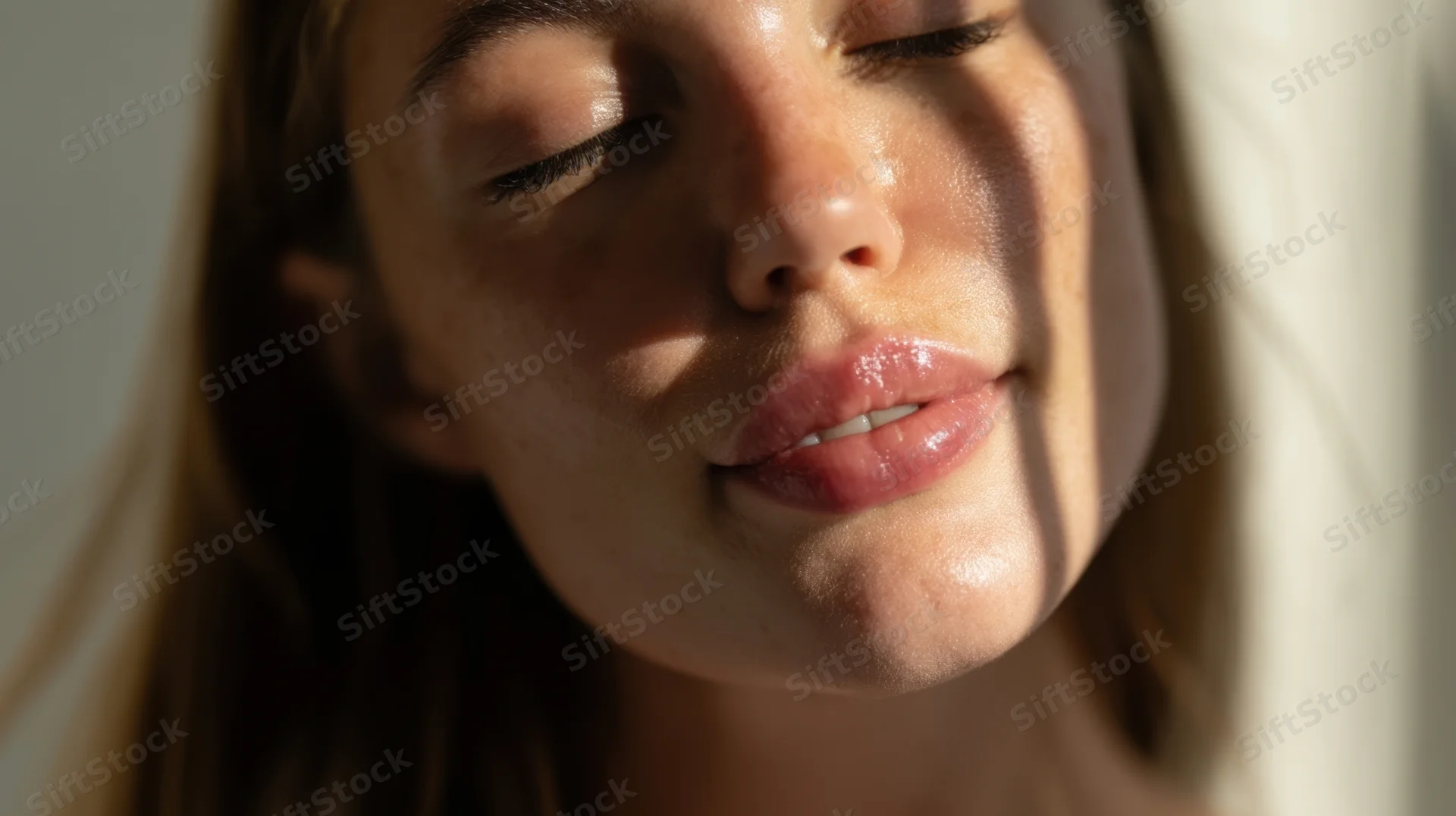 Closeup of a woman’s face with sunlight and shadow highlighting her skin and lips