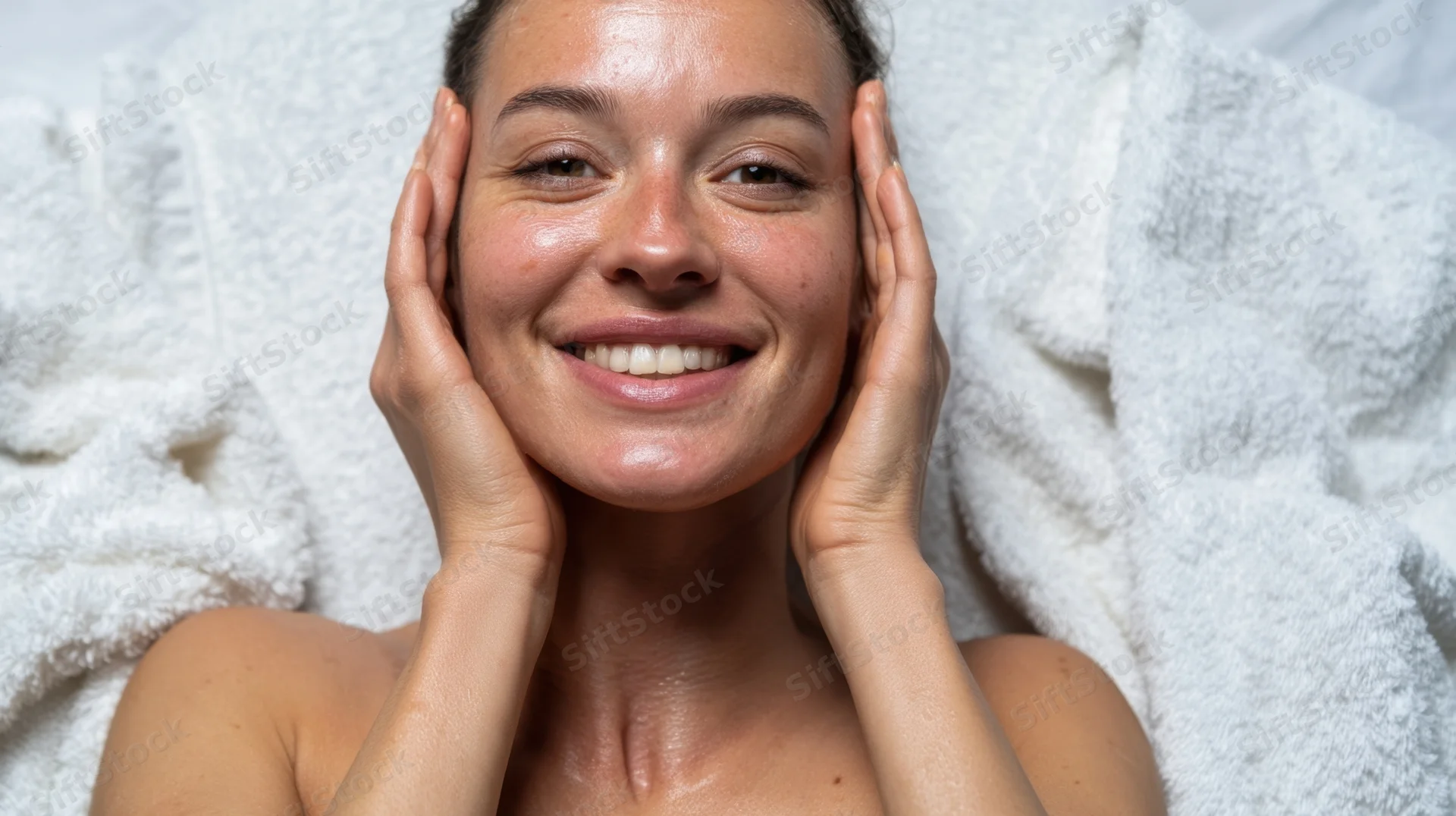 Woman smiling with hands on her face after facial treatment, wrapped in white towel