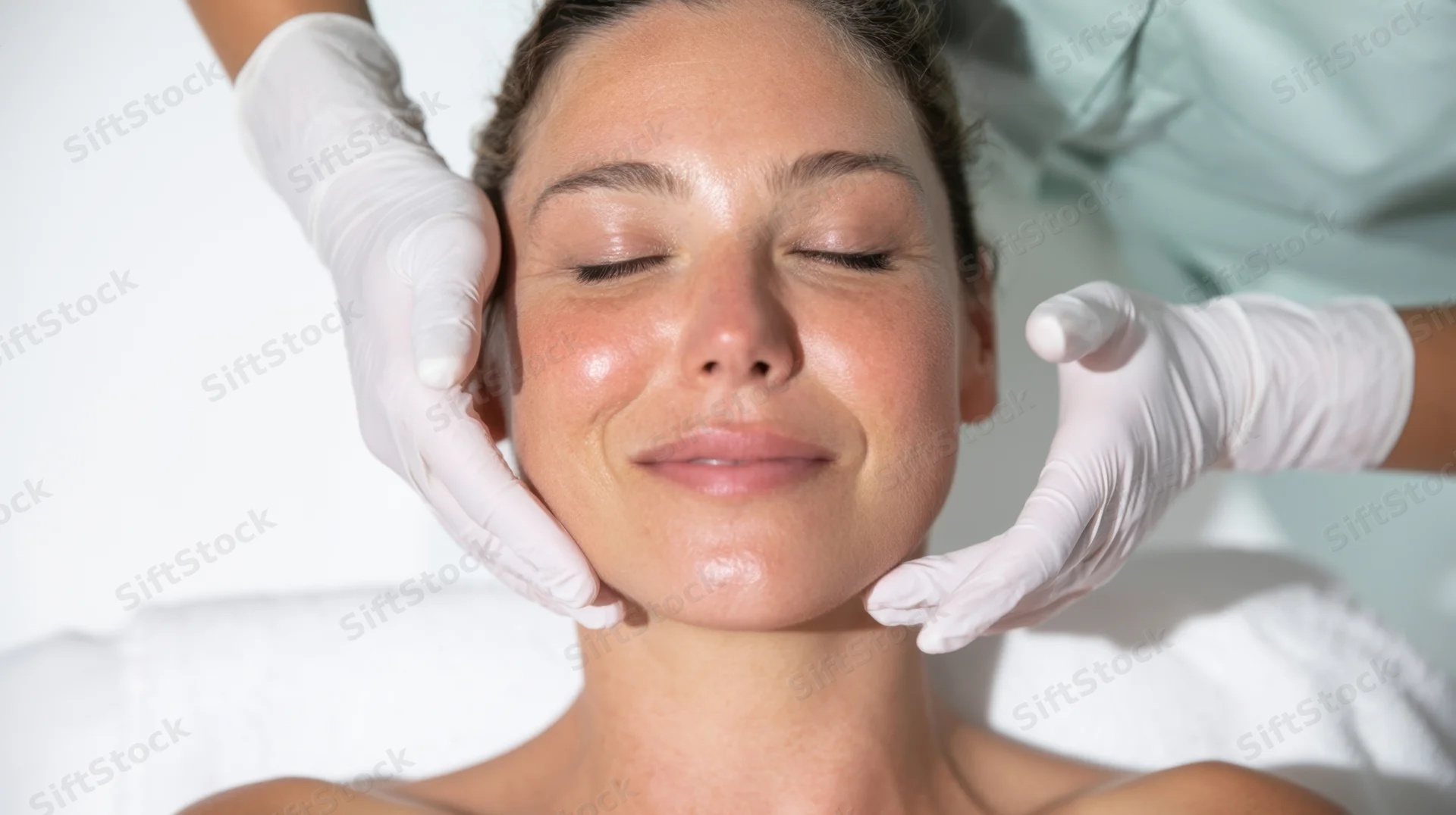 Woman receiving facial massage with gloved hands in a spa setting
