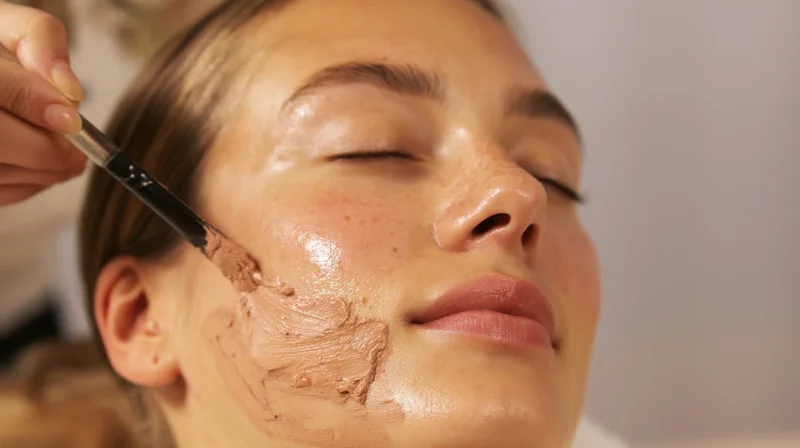 Woman receiving facial mask application with brush in spa setting