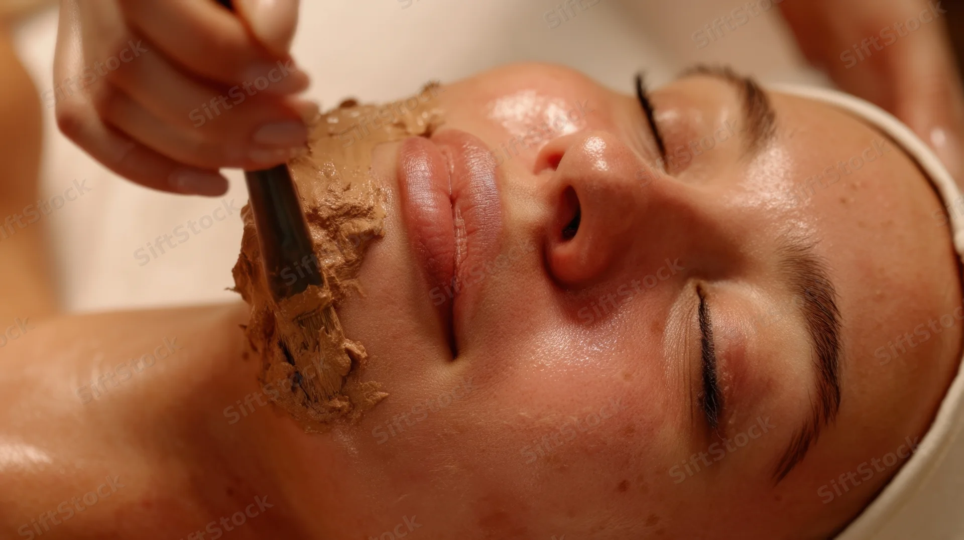Woman receiving facial mask application with brush in spa setting