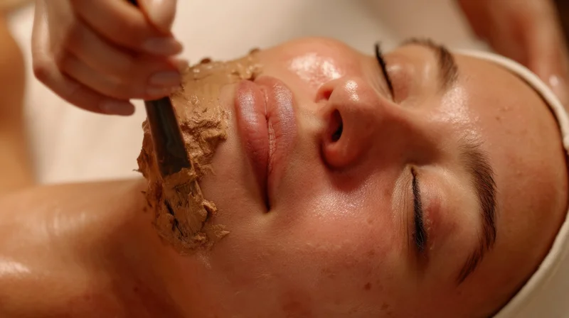 Woman receiving facial mask application with brush in spa setting