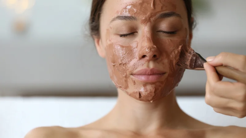 Woman applying brown facial mask with brush to her face in a spa setting