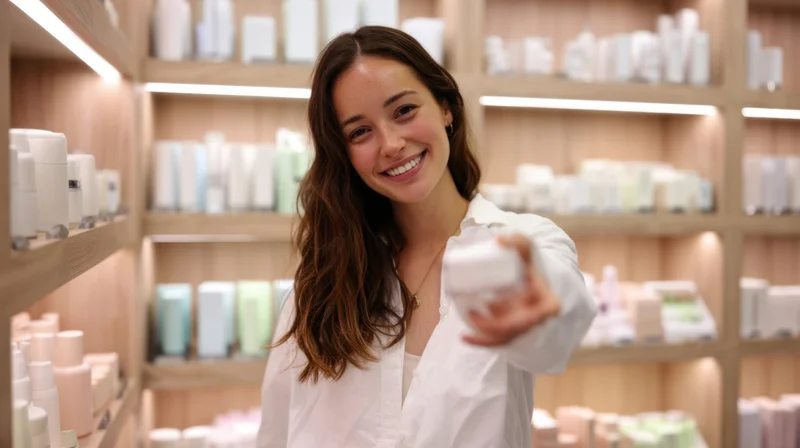 Woman smiling and holding a skincare product in a beauty store