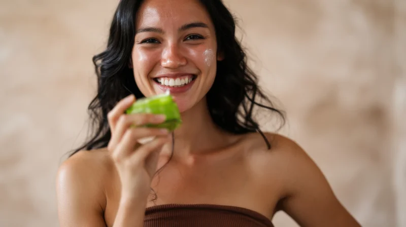 Woman smiling with green leaf on face during skincare treatment