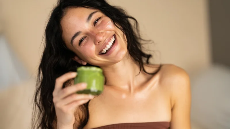Woman smiling while holding a green smoothie in a glass jar at home