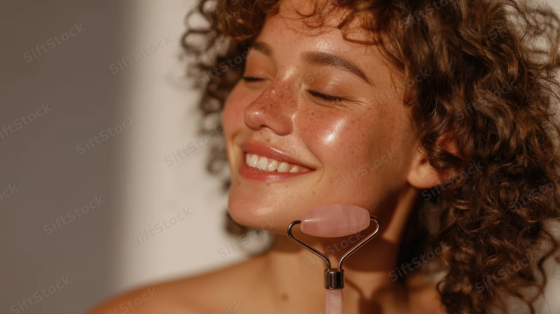 Woman smiling with rose quartz facial roller on her cheek in closeup portrait