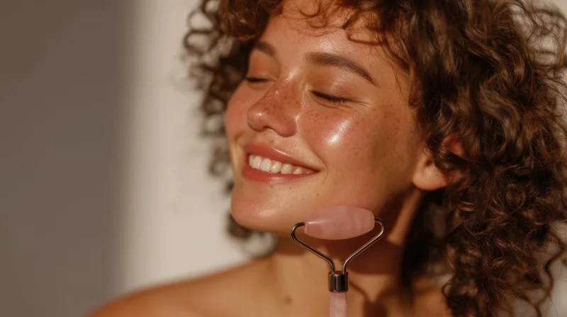 Woman smiling with rose quartz facial roller on her cheek in closeup portrait