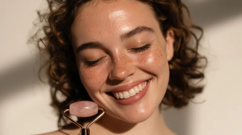 Woman smiling with rose quartz facial roller on her cheek