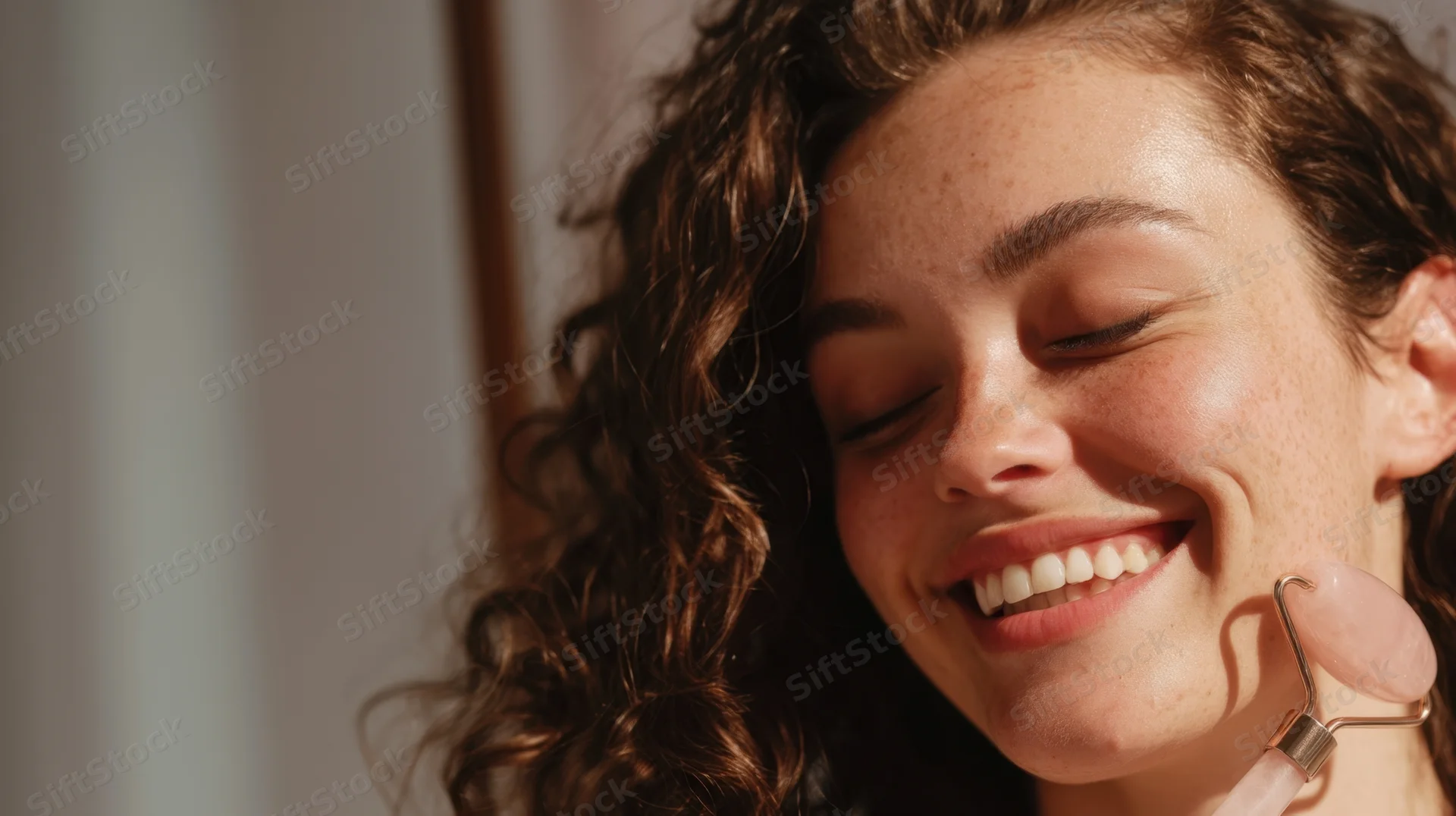Woman smiling with closed eyes while using a rose quartz facial roller on her cheek